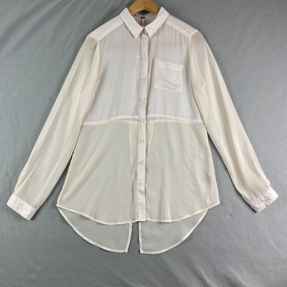 Free People Lightweight semi Sheer top Small Button Down cream pocket tunic